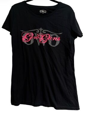 🆕  Girls with Guns black t-shirt features a prominent pink graphic logo